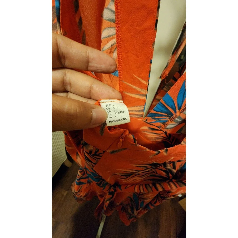 Tropical Palm Print V-Neck Romper Orange Tie Open Back‎ Size L Resort Vacation